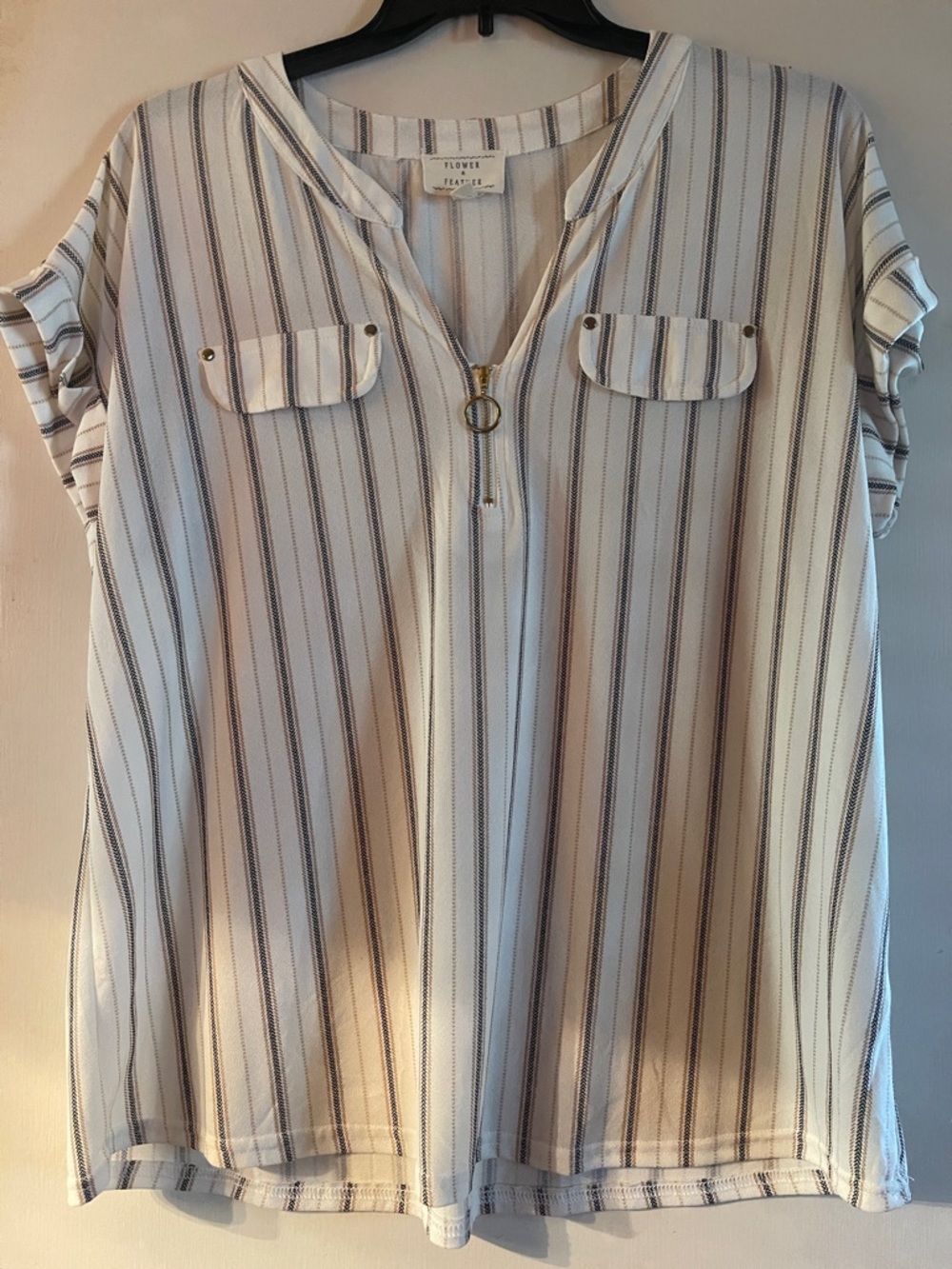 FLOWY by White Stripe Zip-Front Blouse in Cream and Black